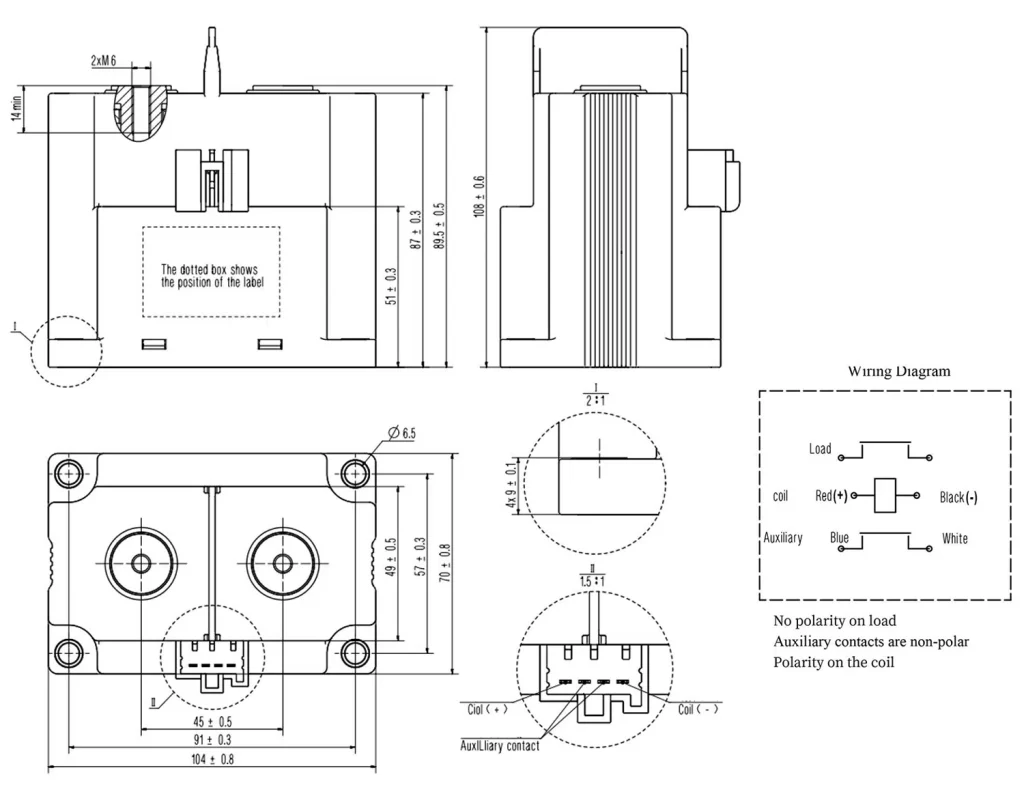 Drawing of HES500 500A 1500V High Voltage DC Contactor